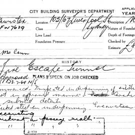 Building Inspectors Card: 105/107 Liverpool St, Sydney. Fire escape tunnel, approved 8/07/1964. 1 
