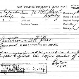Building Inspectors Card: 70 Pitt Street, Sydney. Partitions 13th floor, approved 30/06/1964. 1 
