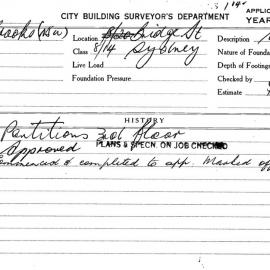 Building Inspectors Card: 8/14 Bridge St Sydney. Partitions 3rd floor. 1 card.