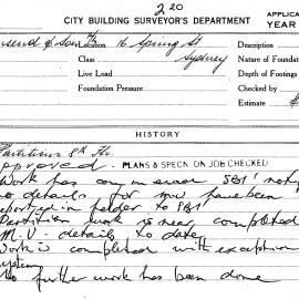 Building Inspectors Card: 16 Spring Street Sydney. Partitions 8th floor. 1 card.