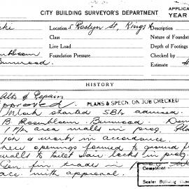 Building Inspectors Card: 5 Roslyn Street Kings Cross. Alterations & repairs. 1 card.