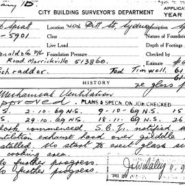 Building Inspectors Card: 202 Pitt Street Sydney. Mechanical ventilation. 2 cards.