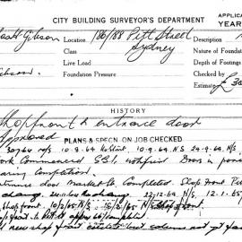 Building Inspectors Card: 186/188 Pitt Street, Sydney. Shopfront to entrance door, approved 