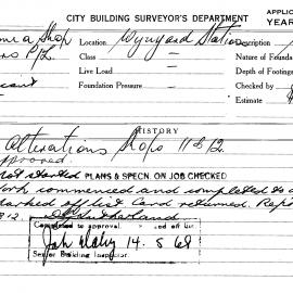 Building Inspectors Card: Wynyard Station. Alterations Shops 11 & 12. 1 card.