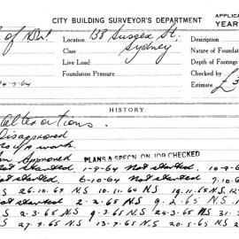Building Inspectors Card: 138 Sussex St, Sydney. Alterations, disapproved 24/07/1964. 1 Card.