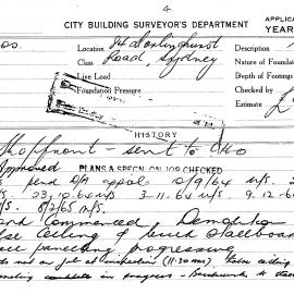 Building Inspectors Card: 84 Darlinghurst Road, Sydney. Shopfront, approved 22/07/1964. 1 Card.