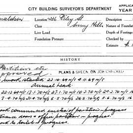 Building Inspectors Card: 236 Riley Street Surry Hills. Partitions etc. 1 card.