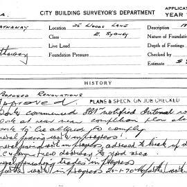 Building Inspectors Card: 25 Woods Lane East Sydney. Proposed renovations. 1 card.