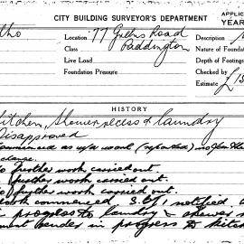Building Inspectors Card: 77 Greens Road, Paddington. Kitchen, Shower recess and laundry. 1 Card.