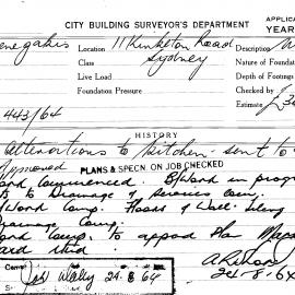 Building Inspectors Card: 11 Kirketon Road, Sydney. Alterations to kitchen, approved 5/08/1964. 1 