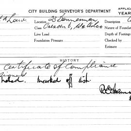 Building Inspectors Card: 23 Mannerman Crescent, Waterloo. Certificate of compliance, signed 