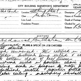 Building Inspectors Card: 458 King Street, Newtown. Mechanical Ventilation. 1 Card.