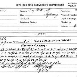 Building Inspectors Card: 459 Pitt Street, Sydney. Alterations.1 card.