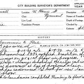 Building Inspectors Card: 135 Harris Street, Pyrmont. Conversion to flats. 1 card.