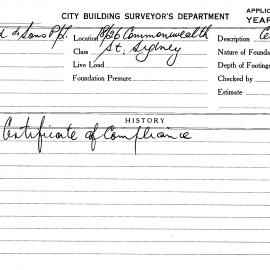 Building Inspectors Card: 18/26 Commonwealth St, Sydney. Certificate of Compliance, 2/04/1968. 1 