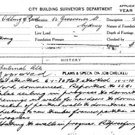 Building Inspectors Card: 32 Grosvenor Street, Sydney. Internal alterations. 1 card.