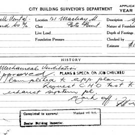 Building Inspectors Card: 121 Macleay Street, Potts Point. Mechanical ventilation. 1 card.
