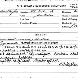 Building Inspectors Card: 2/8 Allen Street, Waterloo. Monorail runway structure. 1 card.