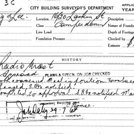 Building Inspectors Card: 16/20 Larkin St, Camperdown. Radio Mast, approved 17/06/1968. 1 Card.