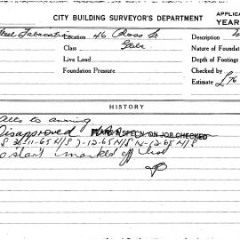 Building Inspectors Card: 46 Ross Street, Glebe. Alterations to awning. 1 card.