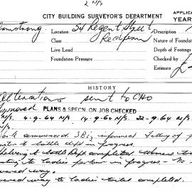 Building Inspectors Card: 54 Regent Street, Redfern. Alterations, approved 11/08/1964. 1 Card.