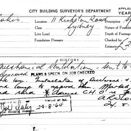 Building Inspectors Card: 11 Kirketon Road, Sydney. Mechanical ventilation, approved 5/08/1964. 1 
