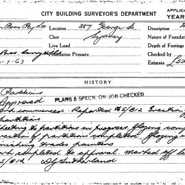 Building Inspectors Card: 387 George Street, Sydney. Partitions. 1 card.