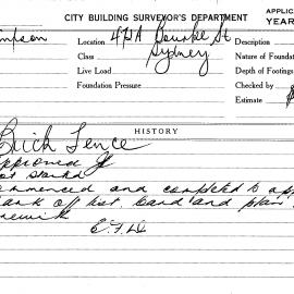 Building Inspectors Card: 472A Bourke St, Sydney. Brick fence, approved 6/05/1968. 1 Card.
