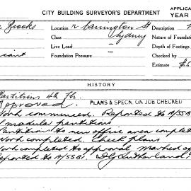 Building Inspectors Card: 12 Carrington Street, Sydney. Partitions 4th floor. 1 card.