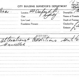 Building Inspectors Card: 122 Oxford Street, Sydney. Alterations and Additions. 1 Card.