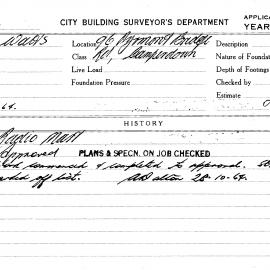 Building Inspectors Card: 96 Pyrmont Bridge Rd, Camperdown, Radio Mast, approved 28/09/1964. 1 Card.