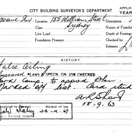 Building Inspectors Card: 155 William Street, Sydney. False ceiling. 1 card.