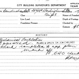 Building Inspectors Card: 48A/48B Darlinghurst Road, Kings Cross. Mechanical ventilation. 1 card.