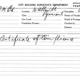 Building Inspectors Card: 10 Allen st, Pyrmont. Certificate of Compliance, 24/04/1968. 1 Card.