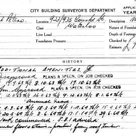 Building Inspectors Card: 923/935 Bourke Street, Waterloo. Additional amenities. 1 card.