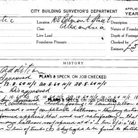 Building Inspectors Card: 108 Belmont Street, Alexandria. Addition, approved 5/08/1964. 1 Card.