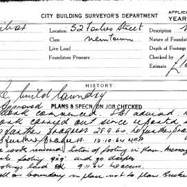 Building Inspectors Card: 52 Forbes Street, Newtown. Re build laundry, approved 8/09/1964. 1 Card.
