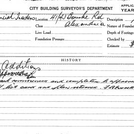 Building Inspectors Card: 41/43 Bourke Rd, Alexandria. Additions, approved 23/05/1968. 1 Card.
