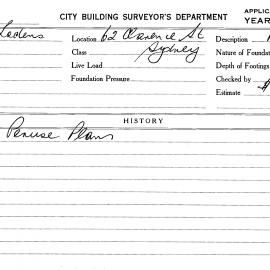 Building Inspectors Card: 62 Clarence St, Sydney. Peruse plans, 3/05/1968. 1 Card.