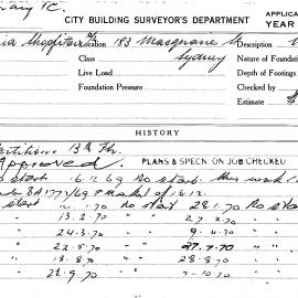 Building Inspectors Card: 183 Macquarie Street, Sydney. Partitions 13th floor. 1 card.