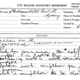 Building Inspectors Card: 352/358 Kent Street, Sydney. Partition 2nd floor. 1 card.