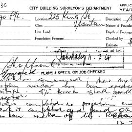 Building Inspectors Card: 225 King St, Newtown. Shopfront, approved 11/06/1968. 1 Card. 