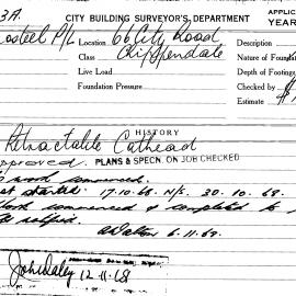 Building Inspectors Card: 66 City Road, Chippendale. Retractable Cathead, approved 21/08/1968. 1 