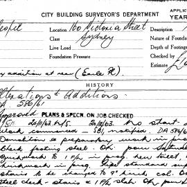 Building Inspectors Card: 160 Victoria Street, Sydney. Alterations and additions. 1 card.