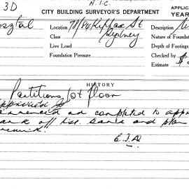 Building Inspectors Card: 78/84 Kippax st, Sydney. Partitions 1st floor, approved 4/06/1968. 1 Card.