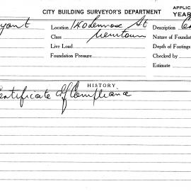 Building Inspectors Card: 140 Lennox St, Newtown. Certificate of Compliance, 8/05/1968. 1 Card. 