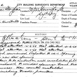 Building Inspectors Card: 35/53 Harrington St, Sydney. Alterations, approved 20/05/1968. 1 Card. 