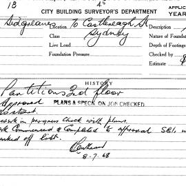 Building Inspectors Card: 70 Castlereagh St, Sydney. Partitions 3rd floor, approved 14/05/1968. 1 