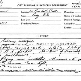 Building Inspectors Card: 20 Marshall Street, Surry Hills. Balcony enclosure. 1 card.