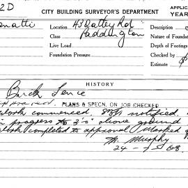 Building Inspectors Card: 43 Oatley Rd, Paddington. Brick fence, approved 24/05/1968. 1 Card. 